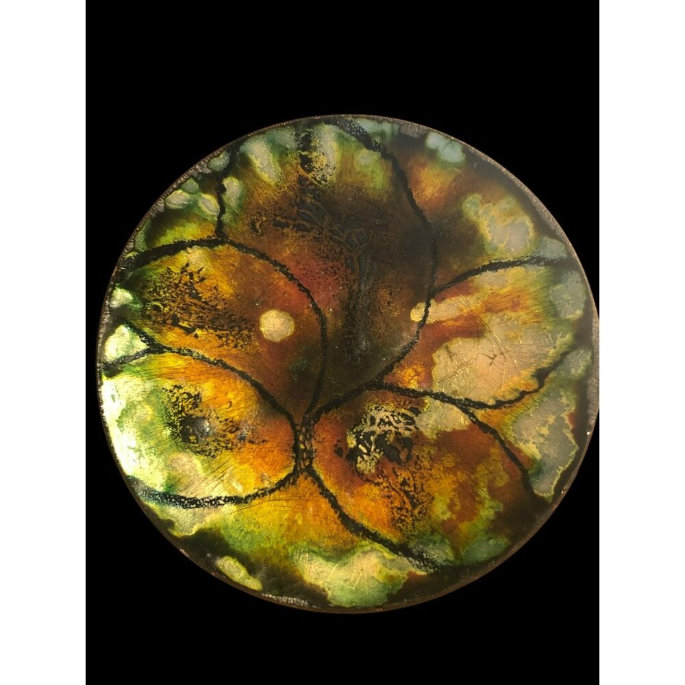 Handcrafted 5" Copper Enamel Dish Abstract Autumn Leaf Design Felted Bottom